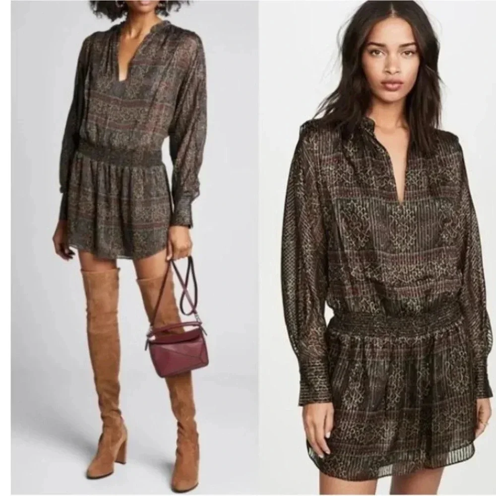 Frame Paisley Metallic‎ Silk Long Sleeve Mini Dress Size Small